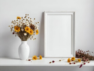 Mockup of blank white frame and dried flowers in vase on white table