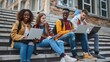 © AIGen - College Students Fun. Group of Cheerful African and Caucasian Students Cooperating on Campus Steps