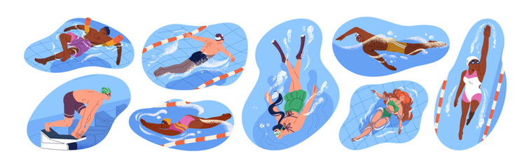 Swimmers are on racing lanes set. Active people diving, swim crawl, breaststroke in swimming pool. Characters in swimsuits do water sport. Flat isolated vector illustrations on white background