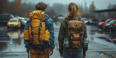 Wall Mural - Young couple with backpacks in the parking lot ready to go on a trip.