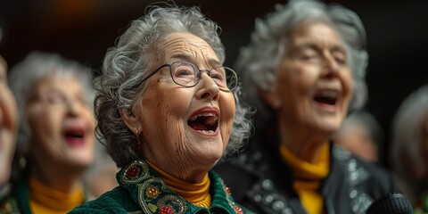Wall Mural - Happy elderly women singing in a choir, spending time together, sharing laughter and music.