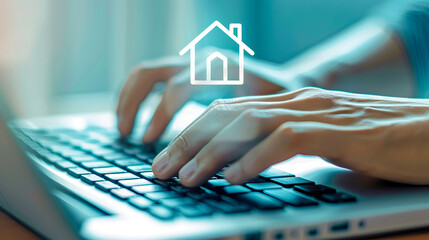 Technology in real estate market. Hands on laptop keyboard with house icon above it. Find property to buy and rent. Search home via internet. Booking hotel, mortgage loan online application