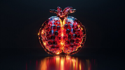 Wall Mural - Beautiful glowing abstract red pomegranate with seeds inside cut into half on a black background