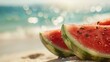 Close-Up Shot of Fresh Watermelon, Placed on the Right with Blurred Clear Bokeh Beach in the Background