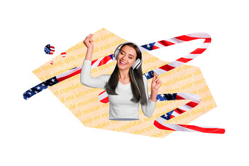 Sticker - Composite collage image of funny girl headphones music national independence america day fourth july concept fantasy billboard comics zine