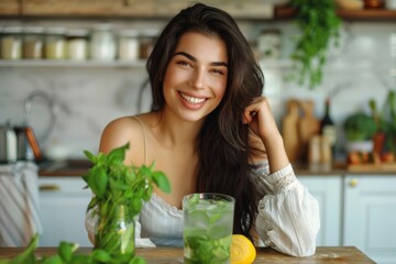 Woman Health. Happy Woman Enjoying Healthy Vegan Diet with Green Food in Kitchen