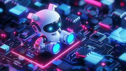 3D icon of a cute robot sitting on top of a circuit board, with glowing light effects, against a dark background, in a minimalistic design, shown in an isometric view,