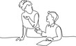 © Valenty - Female teacher explaining a task to a boy student. One line drawing