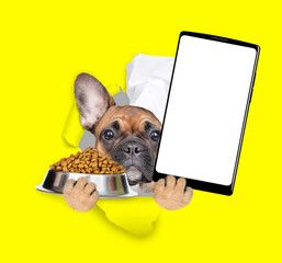 Wall Mural - Funny French bulldog puppy wearing chef's hat looks through a hole in yellow paper, holds bowl of dry food and shows smartphone with white blank screen in it paw, Empty free space for mock up, banner