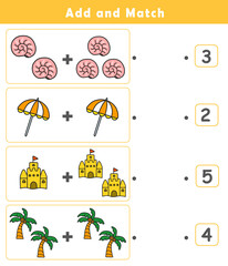 Wall Mural - Counting educational children game. Math kids activity sheet. How many counting game with cute beach illustration.	