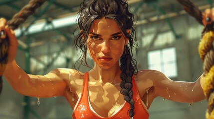 Wall Mural - Illustration of a determined woman working out with battle ropes in a gym, showcasing strength and intensity.