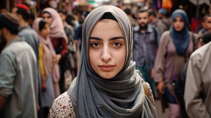 Wall Mural - pretty, beautiful, very attractive middle eastern young woman looking at the camera posing at an Arab city market.