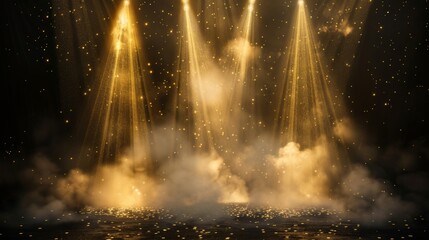 Wall Mural - A set of stage lights, spotlight beams with smoke and sparkles on a black background, dimming elements and lamp rays for a concert or show presentation, realistic 3D modern isolated set.