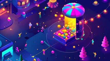 Wall Mural - Lottery win isometric landing page with tiny people around a gigantic drum with balls rolling inside. Luck and fortune concept with character filling out a raffle ticket.