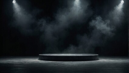 Poster - podium black dark smoke background product platform abstract stage texture fog spotlight. dark black