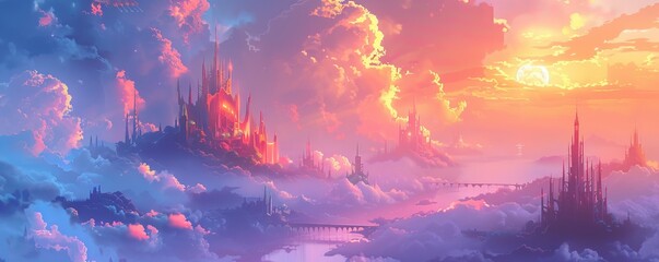 Wall Mural - A fantastical floating city suspended in the clouds, its majestic towers and graceful bridges soaring above the mist-covered landscape below.   illustration.