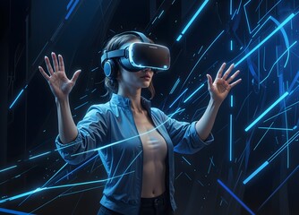 Wall Mural - Smart Female standing surrounded by neon light wear VR headset connecting metaverse, futuristic cyberspace community technology. Elegant woman use hand holding generated virtual object. Hallucination.