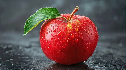 Wall Mural - Close-up of a bright red apple with green leaves. Suitable for educational or health themes.