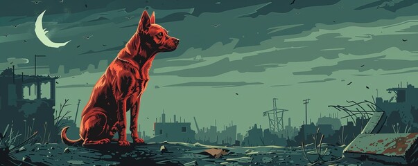 Wall Mural - A homeless red dog against the backdrop of a ruined city after an earthquake, a homeless animal after the disaster in Turkey and Syria, a lonely dog left behind.  simple illustration