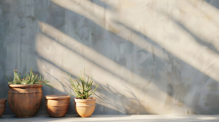 Aufkleber - Architecture background with clay pots on concrete wall interior Summer tropical natural aesthetic design Cement pastel facade with shadow light Rustic building space scene Minimal moc : Generative AI