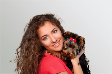 Wall Mural - Happy friend dog and young woman