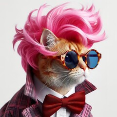 Extravagant stylish cat funny hairstyle photo, pink hair, funny clothing, white background