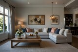 Fototapeta  - Interior of light living room with grey sofas, coffee table and large window