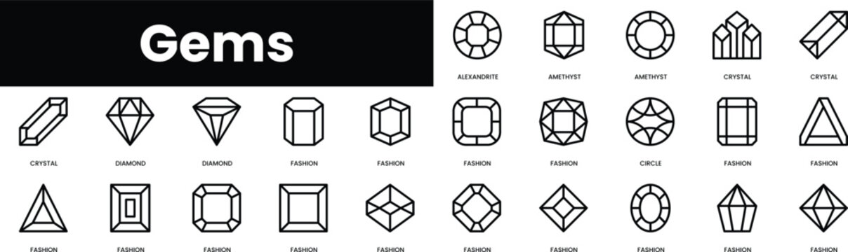 Set of outline gems icons. Minimalist thin linear web icon set. vector illustration.