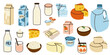 © Mariya - Dairy products set. Milk, kefir and yogurt in cardboard packaging containers, glass bottle. Different cheese, butter and cream. Organic farm healthy food. Vector cartoon flat isolated illustration