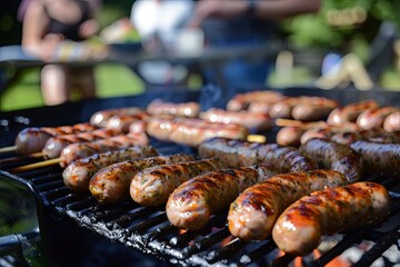 Wall Mural - a photo of some pork sausages and merguez sausages being grilled on a barbecue. Some people are eating and dreaking around a table in the background
