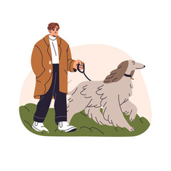 Wall Mural - Owner leads his furry pet, Afghan hound on leash outdoors. Man in coat walks longhair sighthound in park. Person strolls purebred borzoi dog. Flat isolated vector illustration on white background