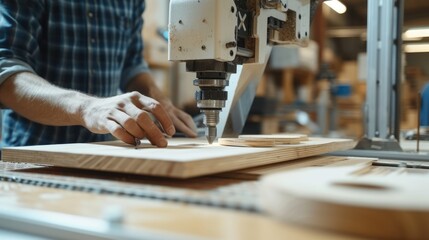 Canvas Print - A man operates an engineering machine to cut a piece of hardwood, demonstrating the art of woodworking. AIG41