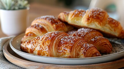 Sticker - Focus on the buttery, flaky layers of a classic French croissant, with its golden exterior and delicate interior.  70