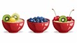 Red ceramic bowls with blueberries, raspberries, blackberries, cherries, strawberries, and kiwis. Sweet organic food. Cartoon modern illustration.