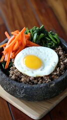 Wall Mural - Sizzling stone bowl bibimbap with fresh vegetables and fried egg