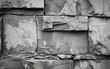 Monochrome image of a stone wall constructed with rectangular slates showing cracks and textures..