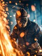 Close-up of a welder in mask and protective gear with bright welding sparks.