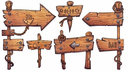 Wall Mural - A modern cartoon set of old sign boards from wood planks on a post with ropes and rivets on a white background with wooden sign boards, road pointers in the shape of an arrow and hand.