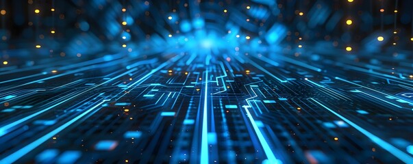 Digital futuristic technology abstract banner background illuminated by vibrant neon lights, forming a dynamic and interconnected network of systems