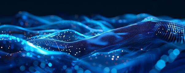 Futuristic digital wave technology banner background with neon blue vibrant lights and geometric patterns