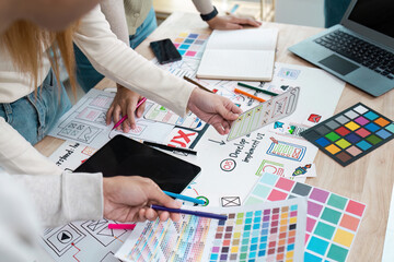 Wall Mural - ui designer and ux developer brainstorm idea to design the application appearance in the early stage