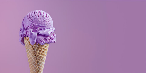 purple ice cream with waffle cone isolated on a purple background, copy space