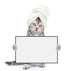 Poster - Cute kitten wearing towel on it head shows white blank board in it paws. isolated on white background