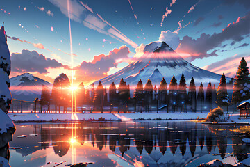 Wall Mural - Beautiful sunset landscape in comic style.