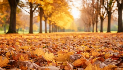 Wall Mural - A quiet park scene in autumn with a blanket of orange and yellow leaves, providing a vivid 