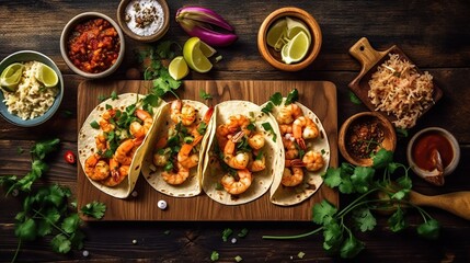 Wall Mural - Shrimp tacos with homemade salsa, Generative AI