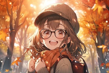 Wall Mural - cute happy smiling anime girl with brown hair in glasses in the autumn park