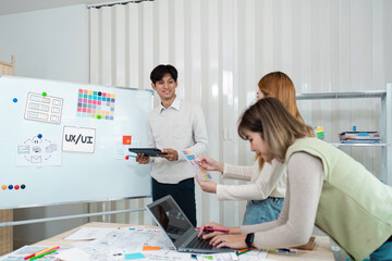 Wall Mural - team of ui ux web designer are working together to develop mobile responsive websites with ui ux fro