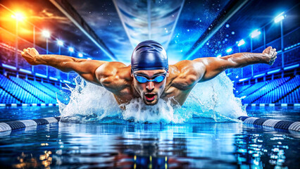 Wall Mural - Professional man swimmer swim using breaststroke technique in swimming pool. Concept of professional sport and competition