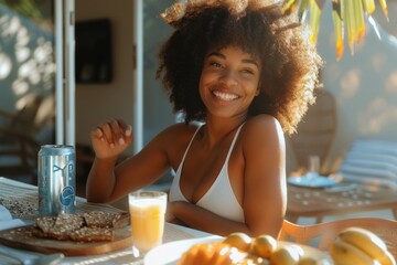 Black woman at a sunlit breakfast table. She embodies a serene start to the day, smiling warmly, 